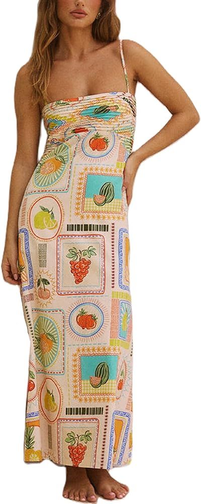 Women Cute Tapas Fruit Maxi Dress Spaghetti Strap Floral Midi Slip Dress Backless Sundress | Amazon (US)