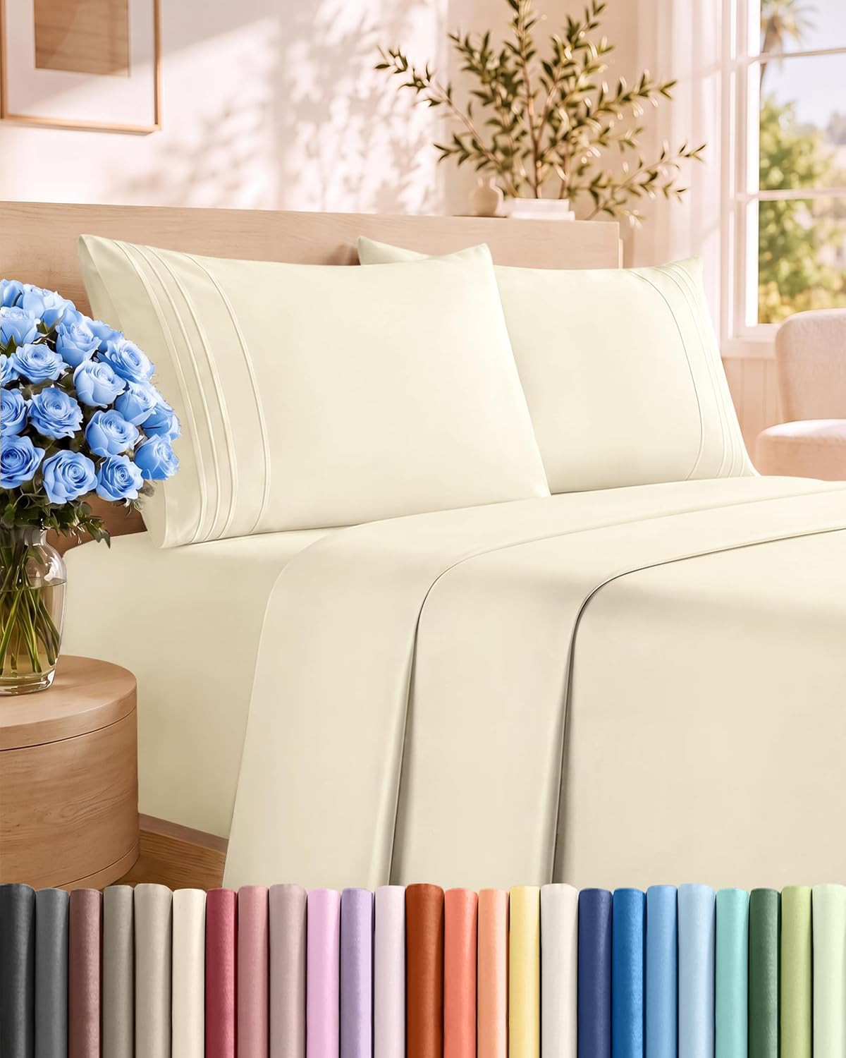 Queen Size 4 Piece Sheet Set - Breathable & Cooling Sheets - Off White | Amazon (US)