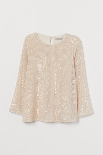 Straight-cut top in sequined mesh. Round neckline, opening at back of neck with concealed button,... | H&M (US + CA)