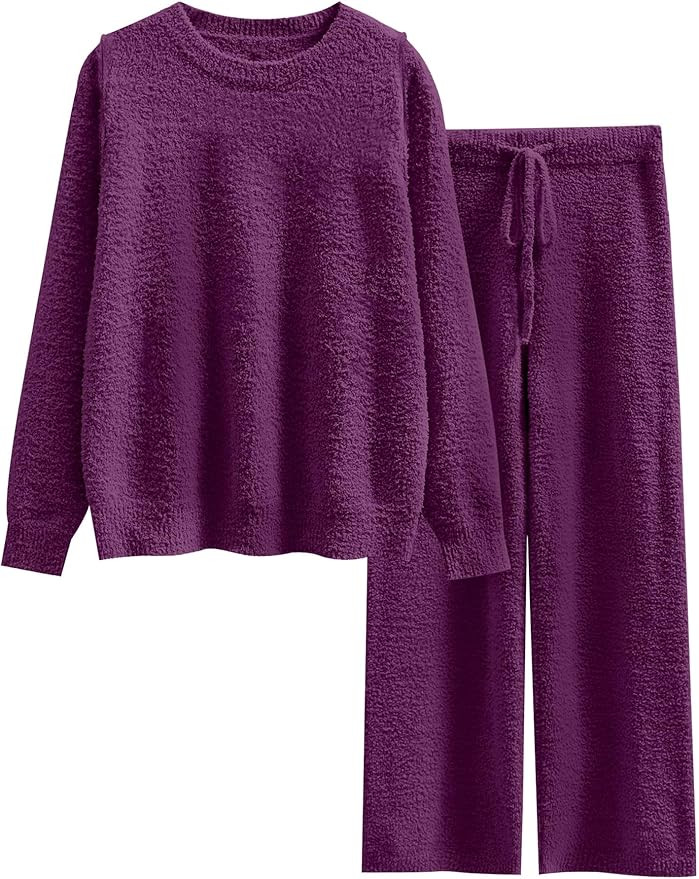ANRABESS Women's Fuzzy Fleece Pajama Sets 2 Piece Outfits Long Sleeve Top Wide Leg Pants Lounge M... | Amazon (US)