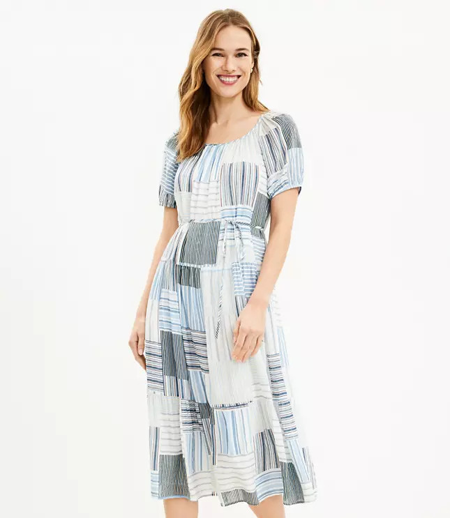 Patchwork Tie Waist Tiered Midi Dress | LOFT