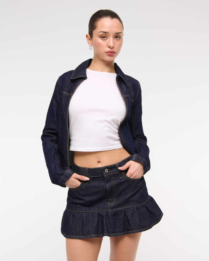 Women's Mid Rise Drop-Waist Ruffle Denim Mini Skirt | Women's New Arrivals | Abercrombie.com | Abercrombie & Fitch (US)