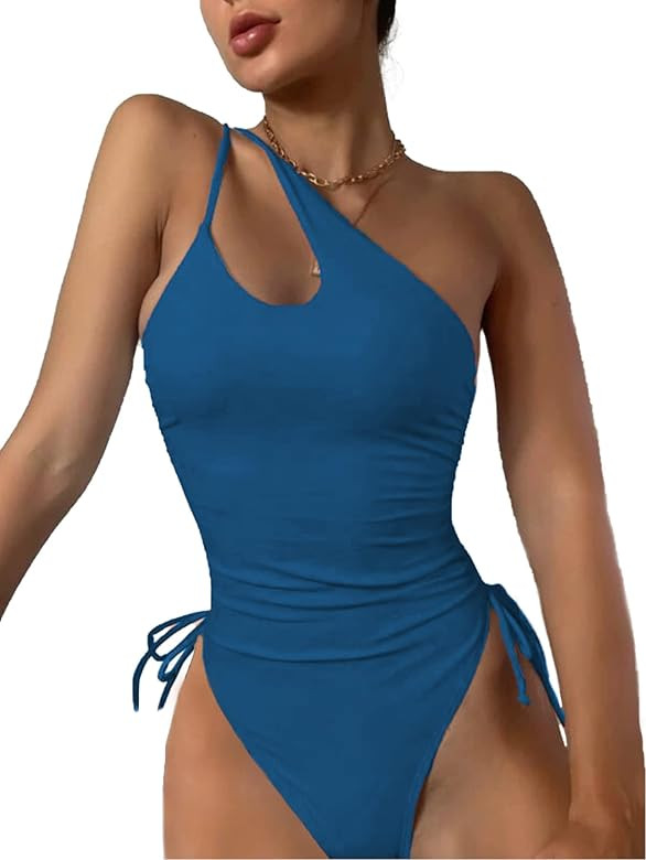 Lilosy Sexy One Shoulder Tummy Control Ruched Swimsuit High Cut Brazilian Bathing Suit 1 Piece | Amazon (US)