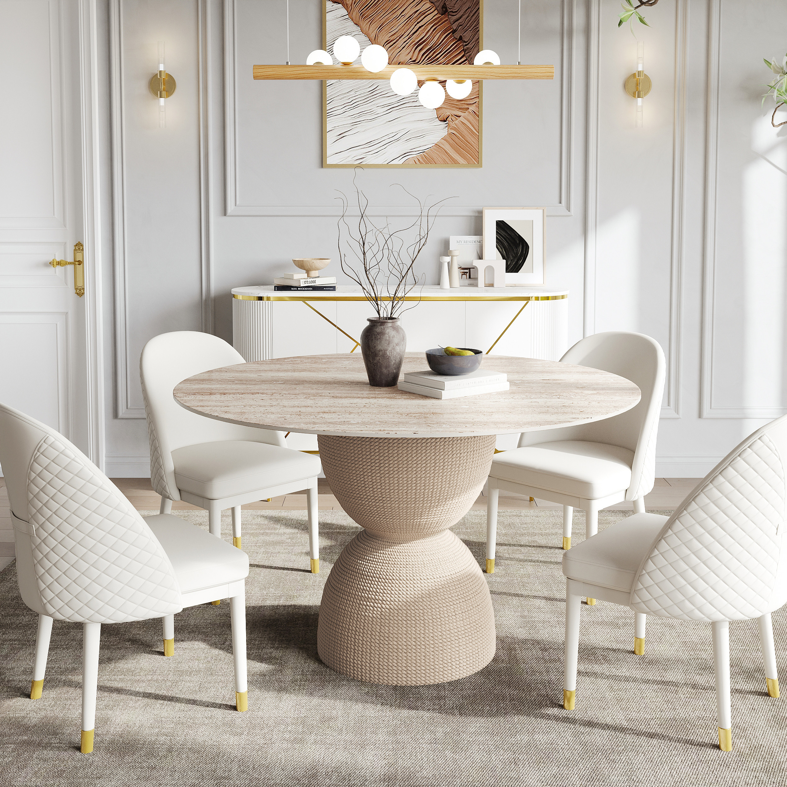 47.2"" Round Dining Table Faux Marble Top for 6 People Modern in Beige Modern Style | Homary