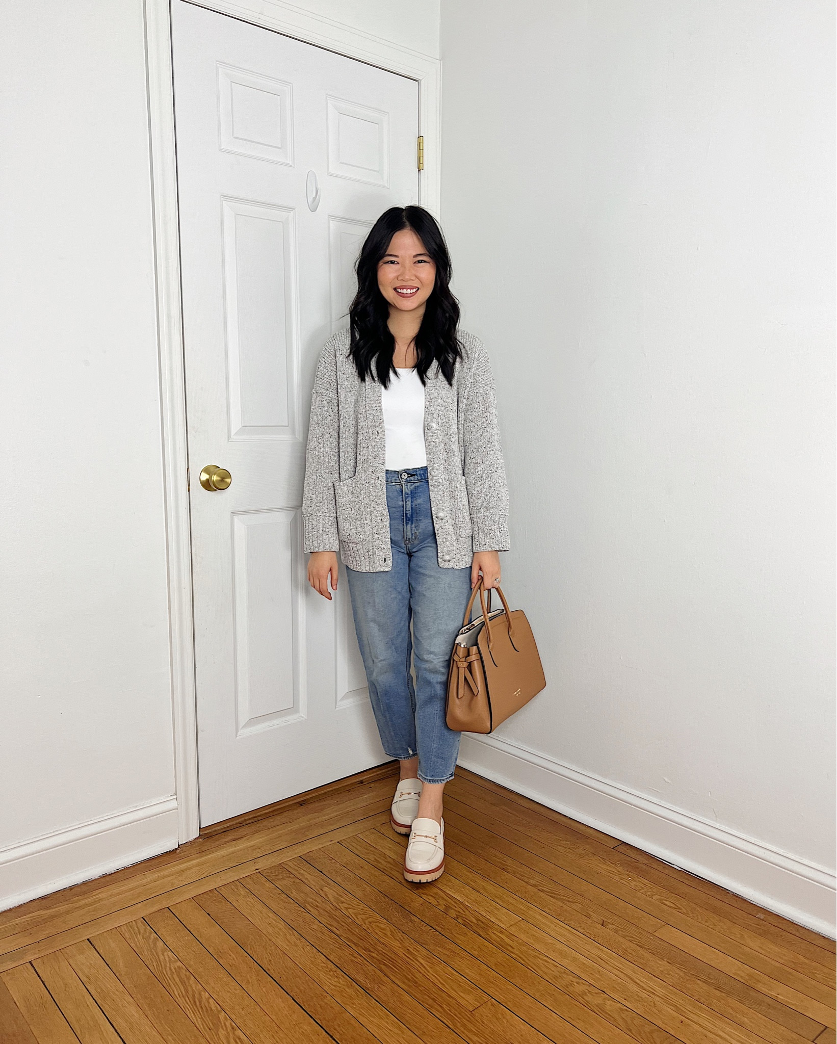 Light brown cardigan (XS)
White tank top bodysuit (S)
High waisted jeans  (28S)
High waisted mom jeans 
Light wash jeans 
Kate Spade Knott satchel bag
Tan bag 
White chunky loafers  (TTS)
White loafers 
White lug sole loafers
Smart casual outfit 
Neutral outfit 
Winter outfit 
Teacher outfit 
Abercrombie outfit 
Petite outfit 

#LTKsalealert #LTKworkwear #LTKfindsunder100