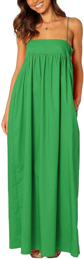 ebossy Women's Summer Backless Tied Spaghetti Straps Casual Loose Cutout Maxi Dress with Pockets | Amazon (US)