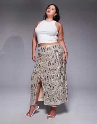 ASOS DESIGN Curve mixed sequins wrap midi skirt in champagne | ASOS (Global)
