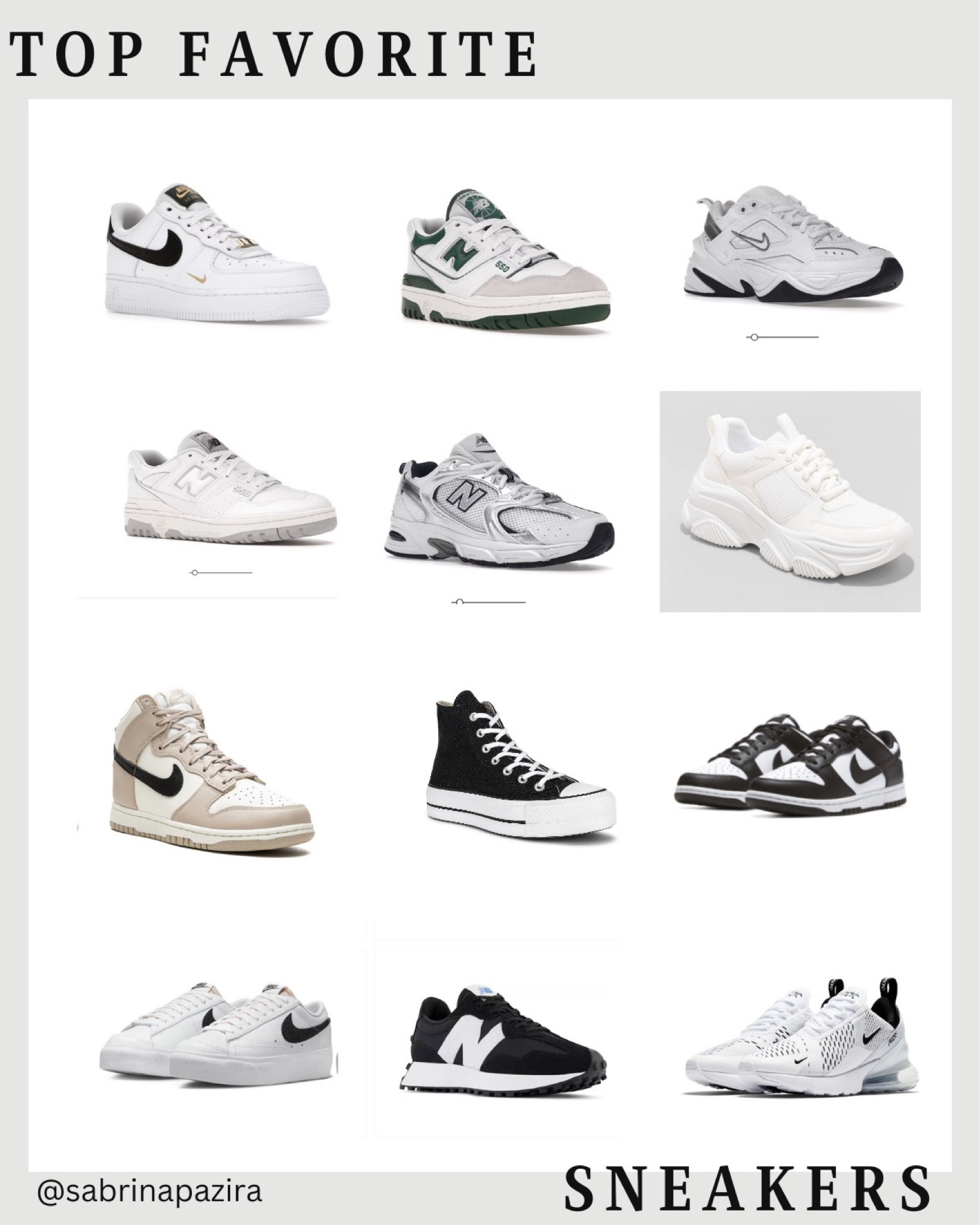 Top favorite sneaker picks, nike, Air Force 1, air max, blazers, new balance, chunky sneakers, dad sneakers, trainers, trendy

#LTKSeasonal #LTKfit #LTKshoecrush