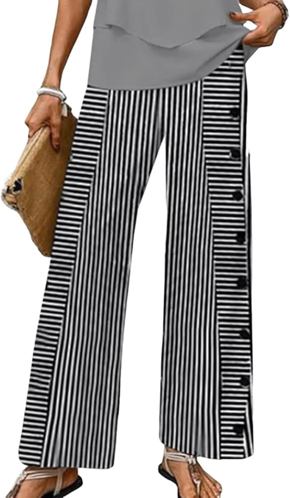 Womens Casual Loose Fit Striped Pants Wide-Leg Style with Side Buttons and Pockets 2025 Fashion | Amazon (US)