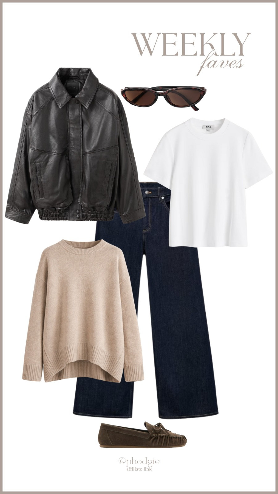 Effortless everyday outfit inspo ✨ Elevated basics from COS, Reiss & Mango: Clean Cut T-Shirt, Wool-Cashmere Knit, Wide-Leg Jeans, Oversized Leather Jacket, Suede Loafers, Resin Sunglasses, Minimal Neutrals 

 #LTKuk #LTKwinter #LTKstyletip