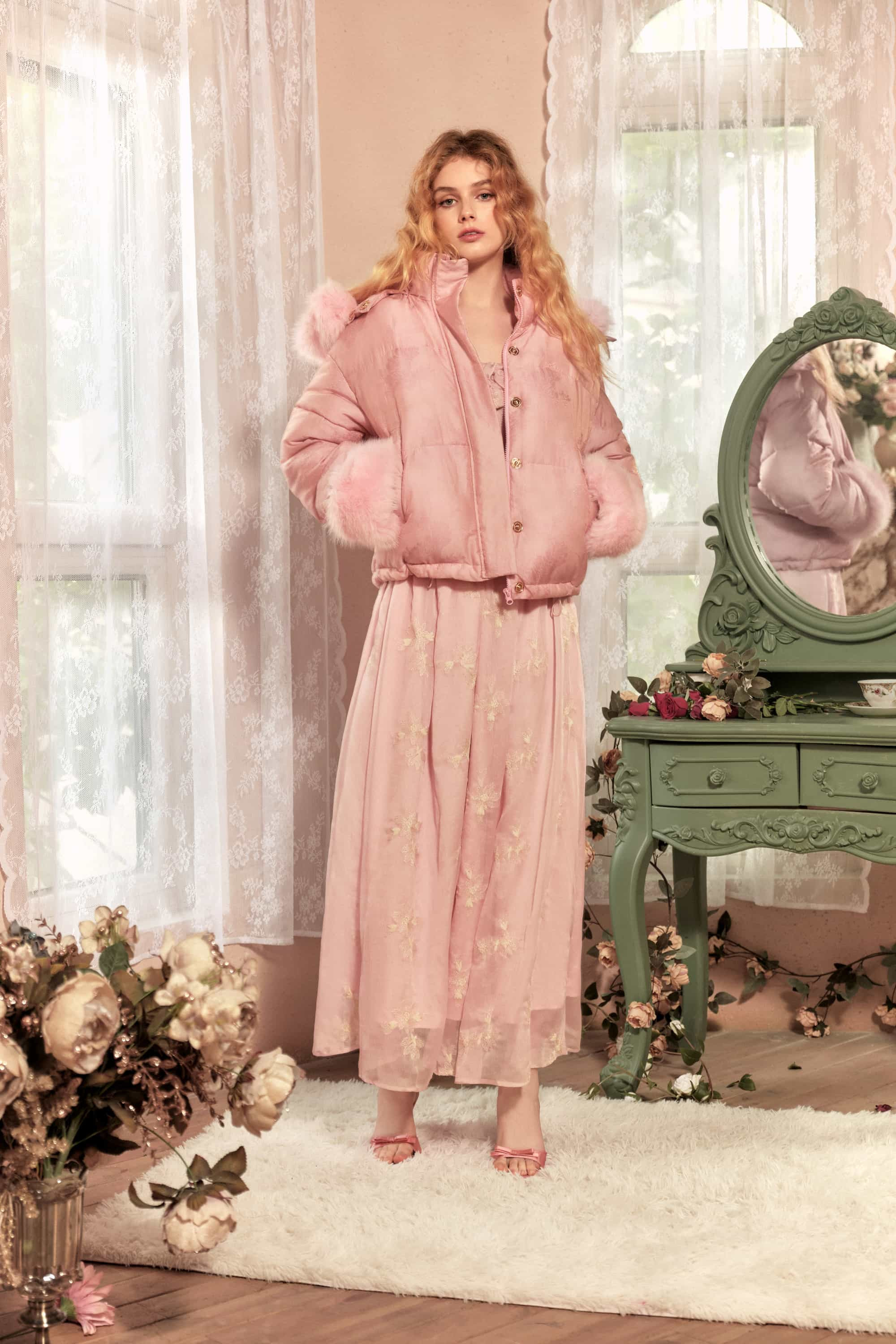 Agnes Jacquard Puffer with Fur Hat | American Heiress