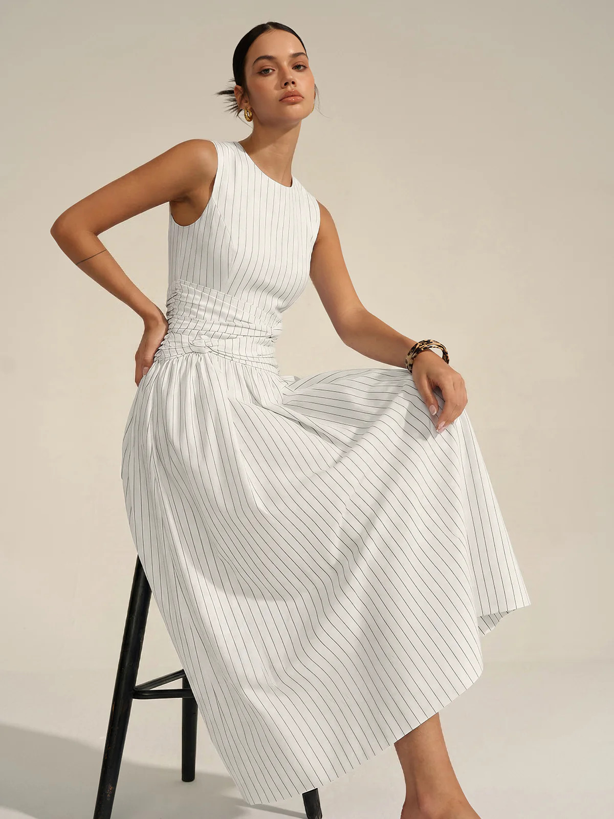 Cotton Blend Striped Ruched Sleeveless Maxi Dress | Commense
