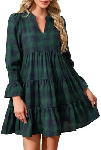 Ladyful Women's Long Sleeve Plaid Mini Dress Vintage V Neck Tiered Checkered Babydoll Ruffle Flow... | Amazon (US)