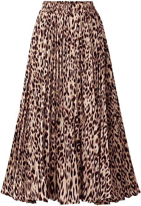 CHARTOU Womens Chic Elastic High Waisted A Line Leopard Print Pleated Shirring Midi-Long Skirt | Amazon (US)