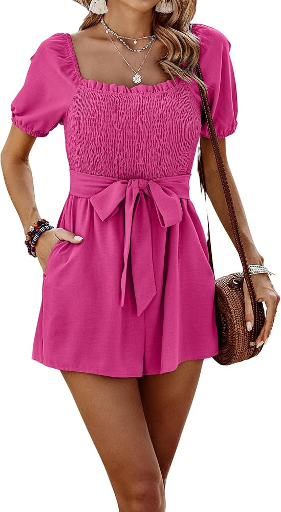 CCTOO Womens Rompers Smocked High Waist Ruffle Sleeves Short Outfits Jumpsuits with Belt | Amazon (US)