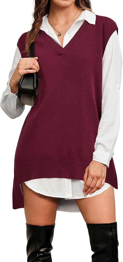 Arach&Cloz Women's Wool Blend Side Slit High Low Versatile V Neck Fall Tunic Sweater Vests 2025 | Amazon (US)