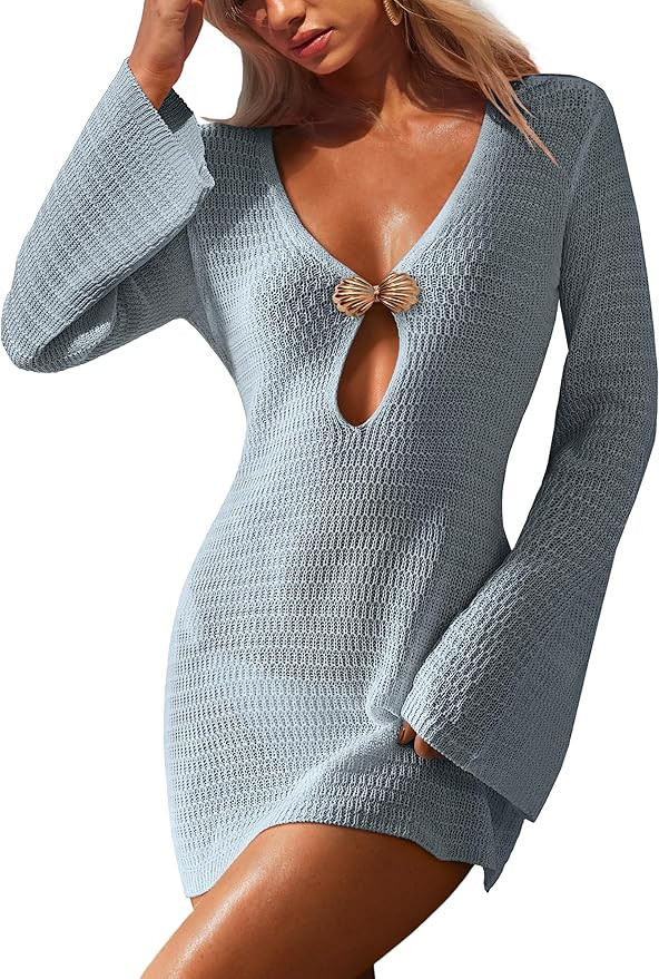 ANRABESS Women Beach Cover Ups 2026 Summer Crochet Knit Swimwear Mesh Bathing Suit Hollow Out Dre... | Amazon (US)