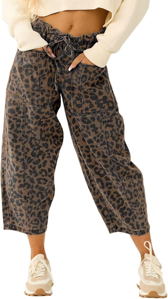 loveimgs Women Loose Leopard Print Cropped Denim Pants Barrel Jeans Elastic Waist Cheetah Wide Le... | Amazon (US)