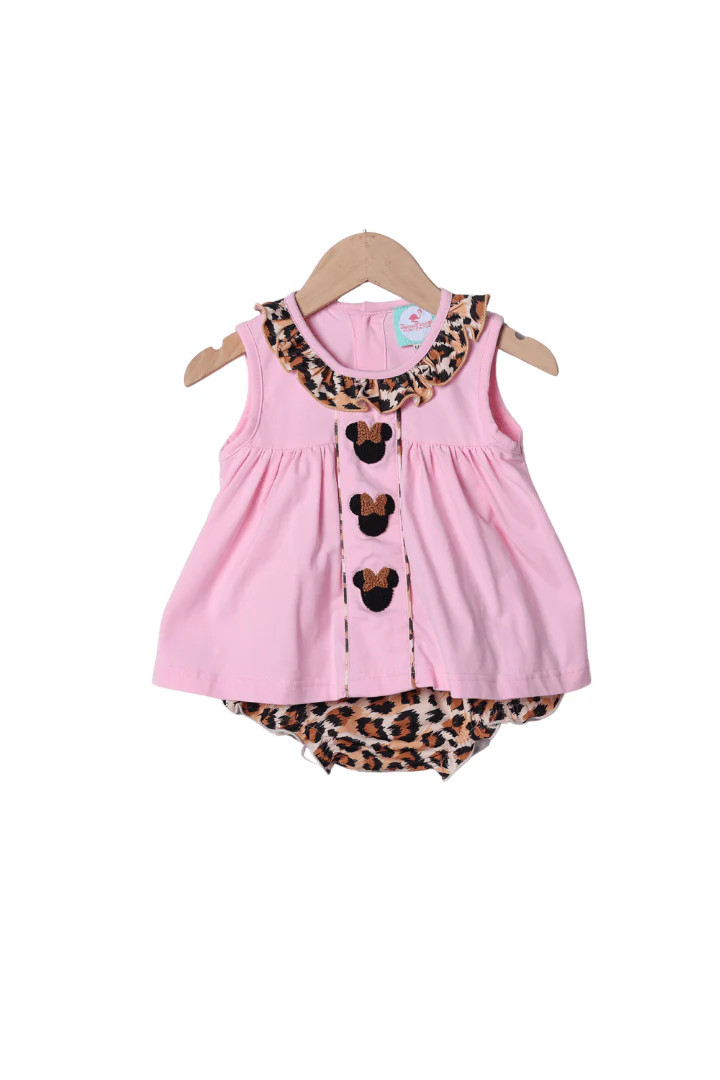 French Knot Pink Mouse Leopard Bloomer Set | The Smocked Flamingo
