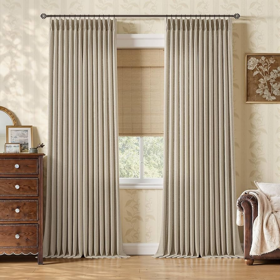 100 Inch Pinch Pleated Linen Memory Trained Semi Sheer Curtains Burlywood | Amazon (US)