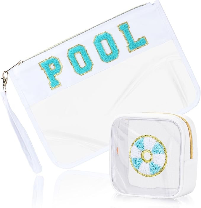 2 Pcs Pool Bag Cosmetic Makeup Bag with Chenille Letter Patch, Clear Pouch PVC Organizer Purse, W... | Amazon (US)