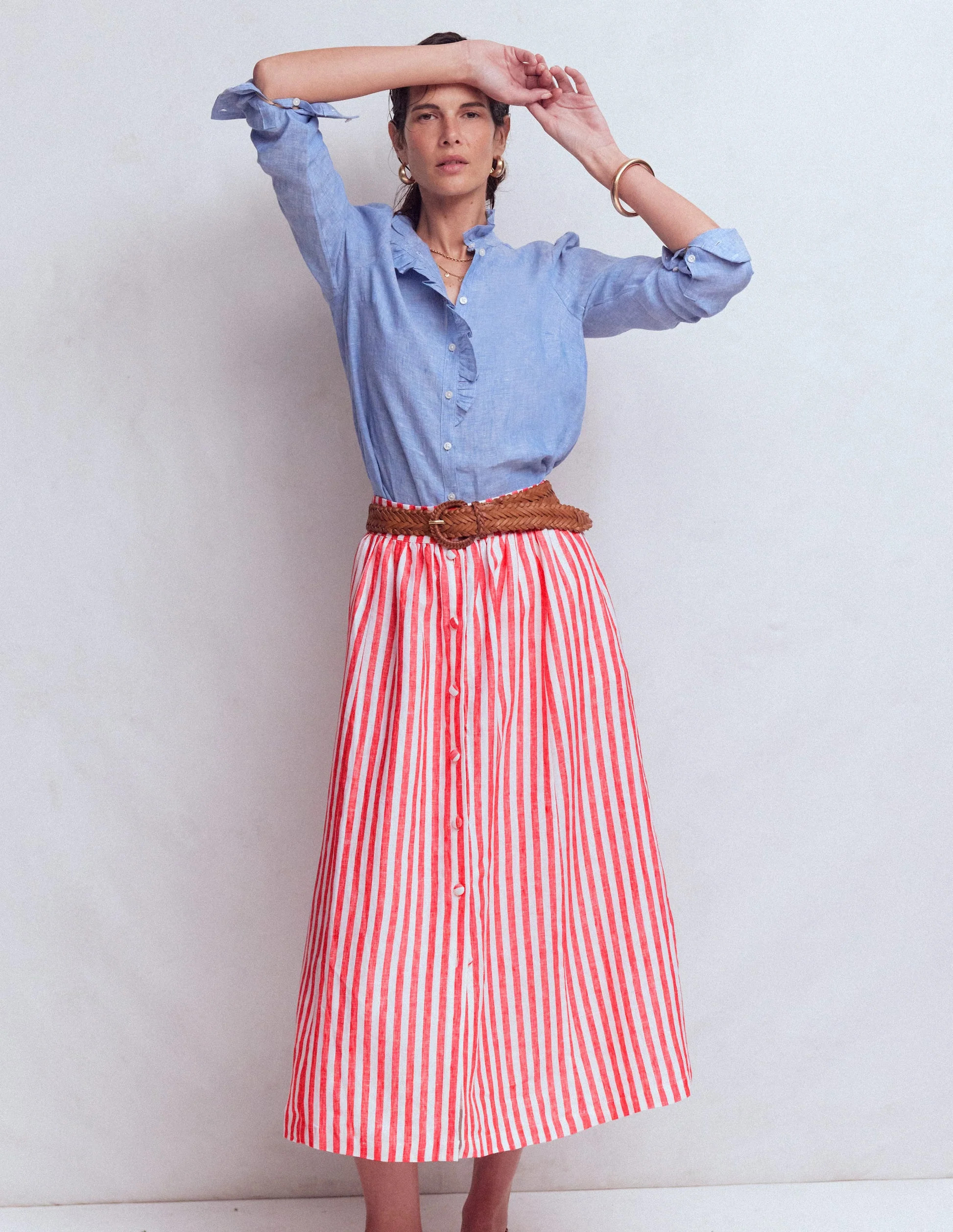 Emma Linen Skirt-Poppy Red and Ivory Stripe | Boden UK