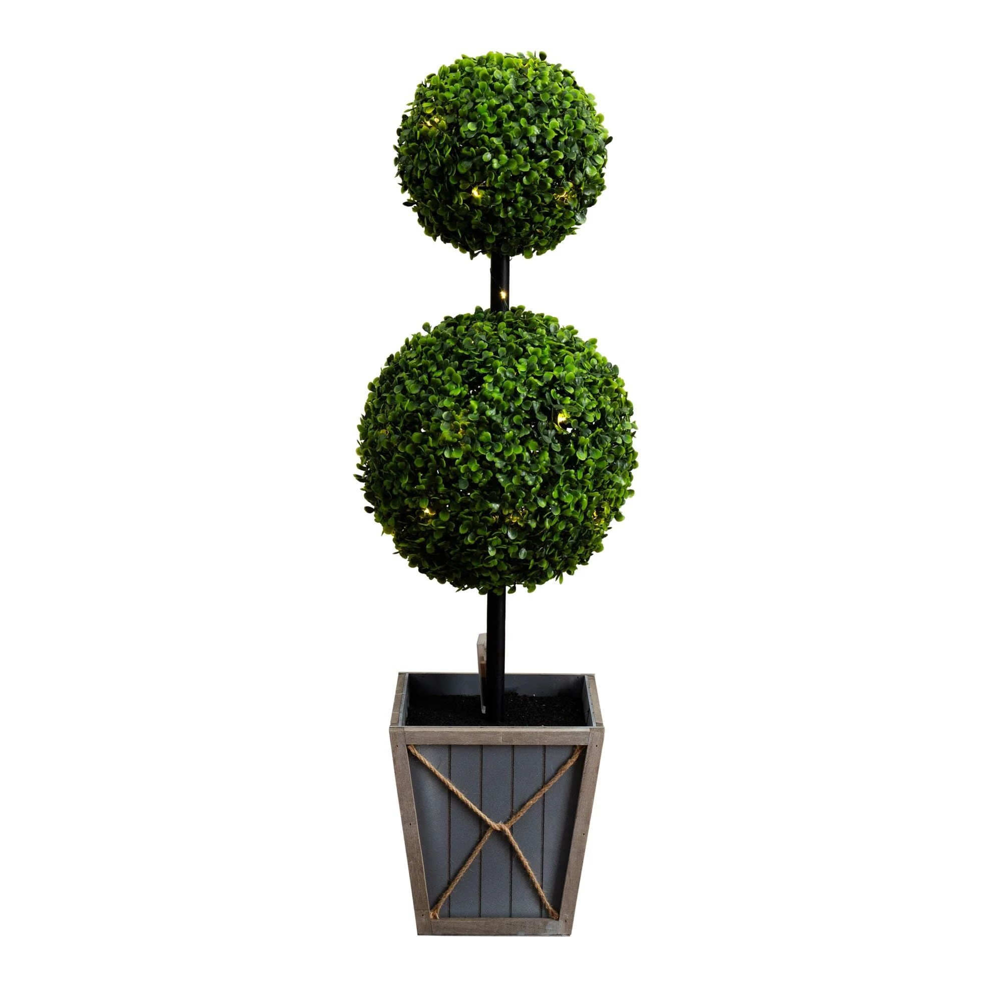3’ UV Resistant Artificial Double Ball Boxwood Topiary with LED Lights in Decorative Planter (I... | Nearly Natural