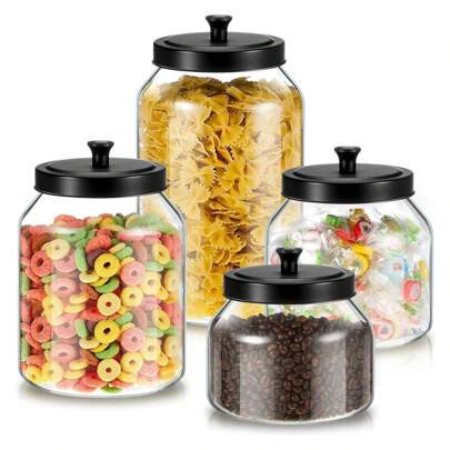 YONGSTYLE 4 Set Glass Jars With Black Lids 34/67/101/128 Oz Glass Canister Set With Sealed Matte Metal Lid For Kitchen Organizer Food Storage Jars For | SHEIN