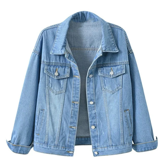 IROINNID Denim Jacket for Women Long Sleeve Turndown Lapel Light Wash Jean Jacket Solid Color Lig... | Walmart (US)