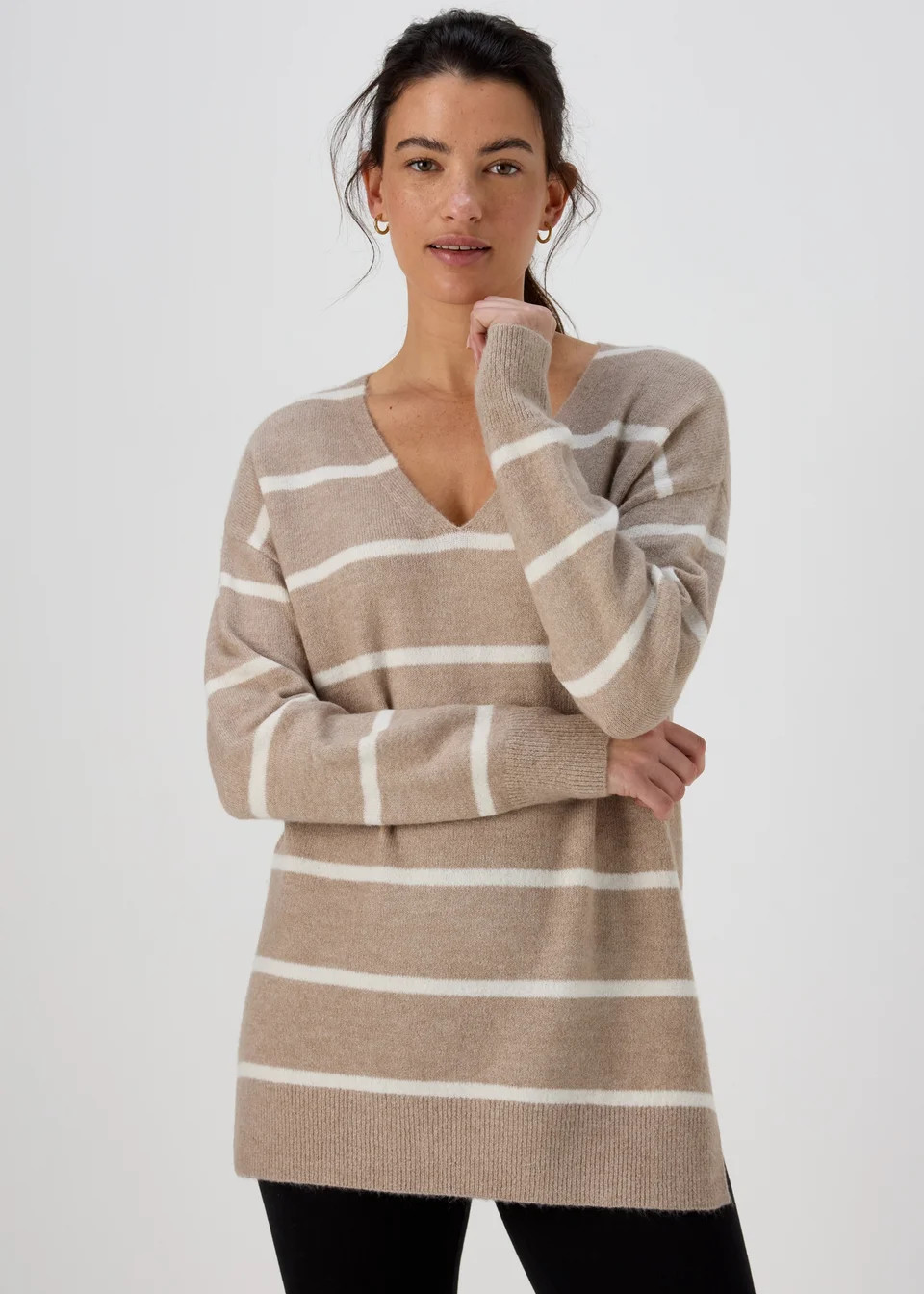 Beige Spandex Stripe V Neck Jumper - Extra small | Matalan (UK)