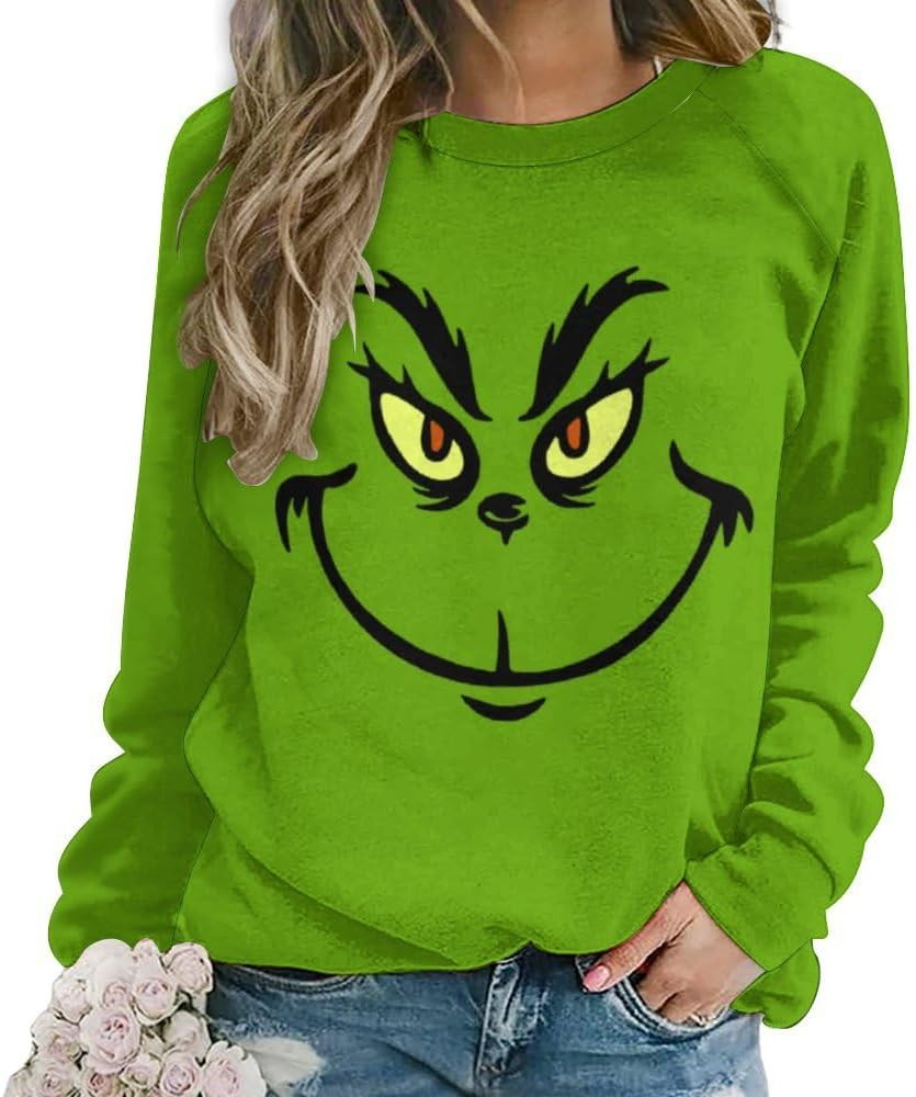 Christmas Crew Neck Sweatshirt, Women's Fun Shirt, Green Pullover Long Sleeve Christmas Sweatshir... | Amazon (US)