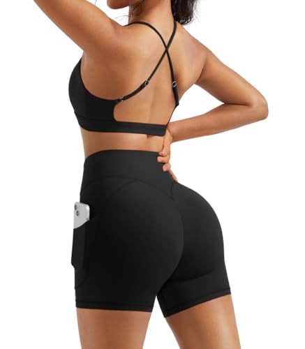 OMKAGI 2 Piece Workout Sets for Women Open Back Padded Sports Bras Booty Shorts with Pockets Gym Outfits(M,422-Black) | Amazon (US)