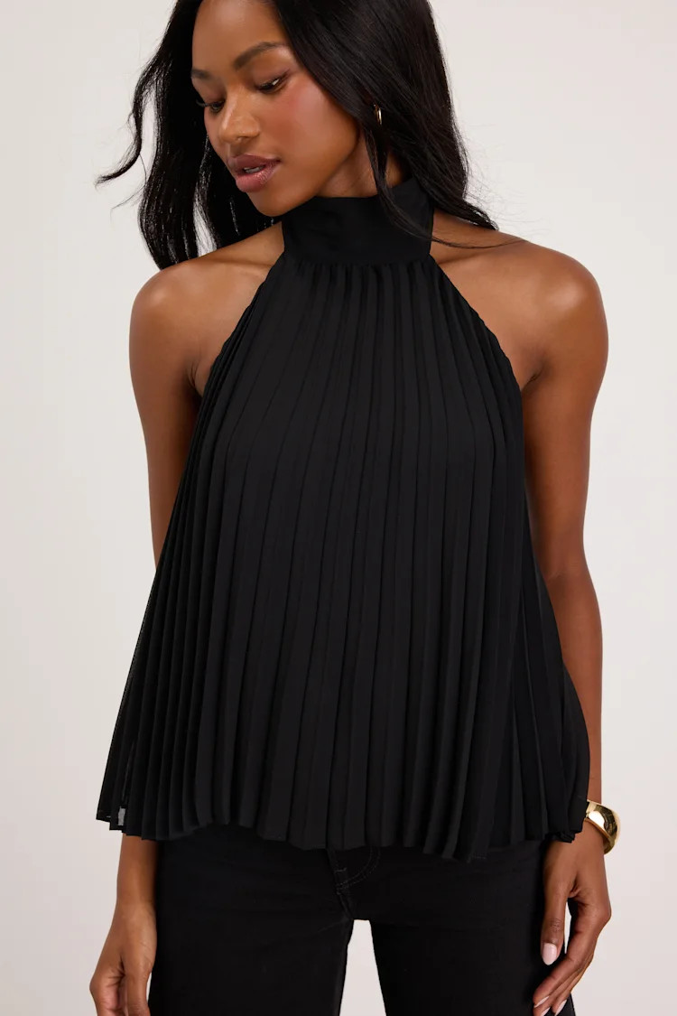 Twyla Black Pleated Halter Tank Top | Lulus