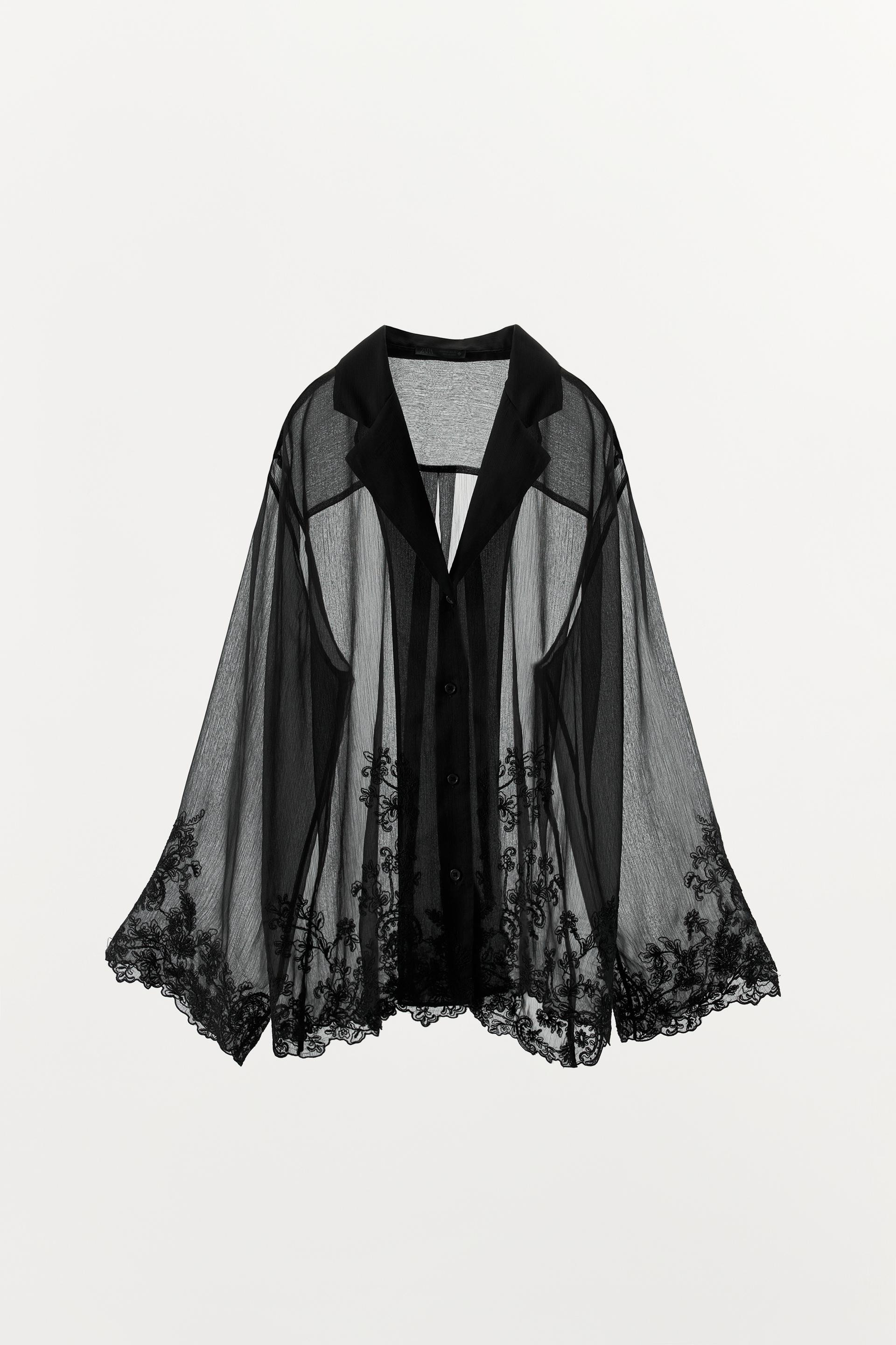 Zara - Semi-Sheer Embroidered Blouse - Black - M - Woman | Zara UK
