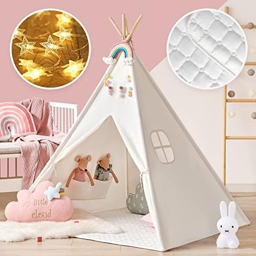 Tiny Land Large Kids Teepee Tent with Padded Mat & Light String & Carry Case-Kids Foldable Play Tent | Amazon (US)