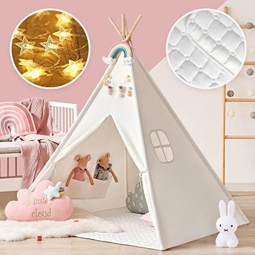 Tiny Land Large Kids Teepee Tent with Padded Mat & Light String & Carry Case-Kids Foldable Play Tent | Amazon (US)