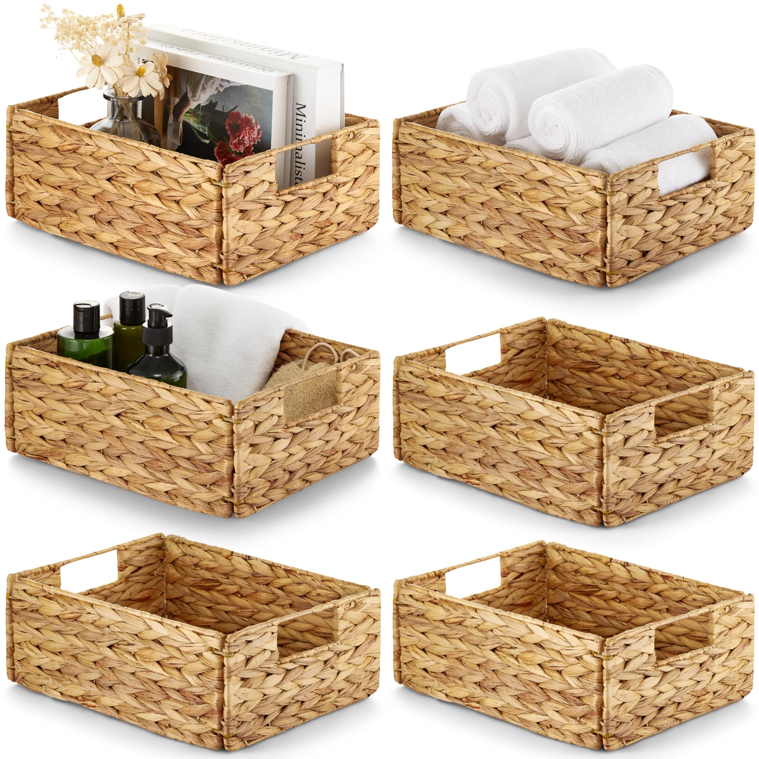 BLUEWEST Water Hyacinth Storage Baskets (Set of 6) – Woven Hyacinth Organizer with Carrying Han... | Amazon (US)