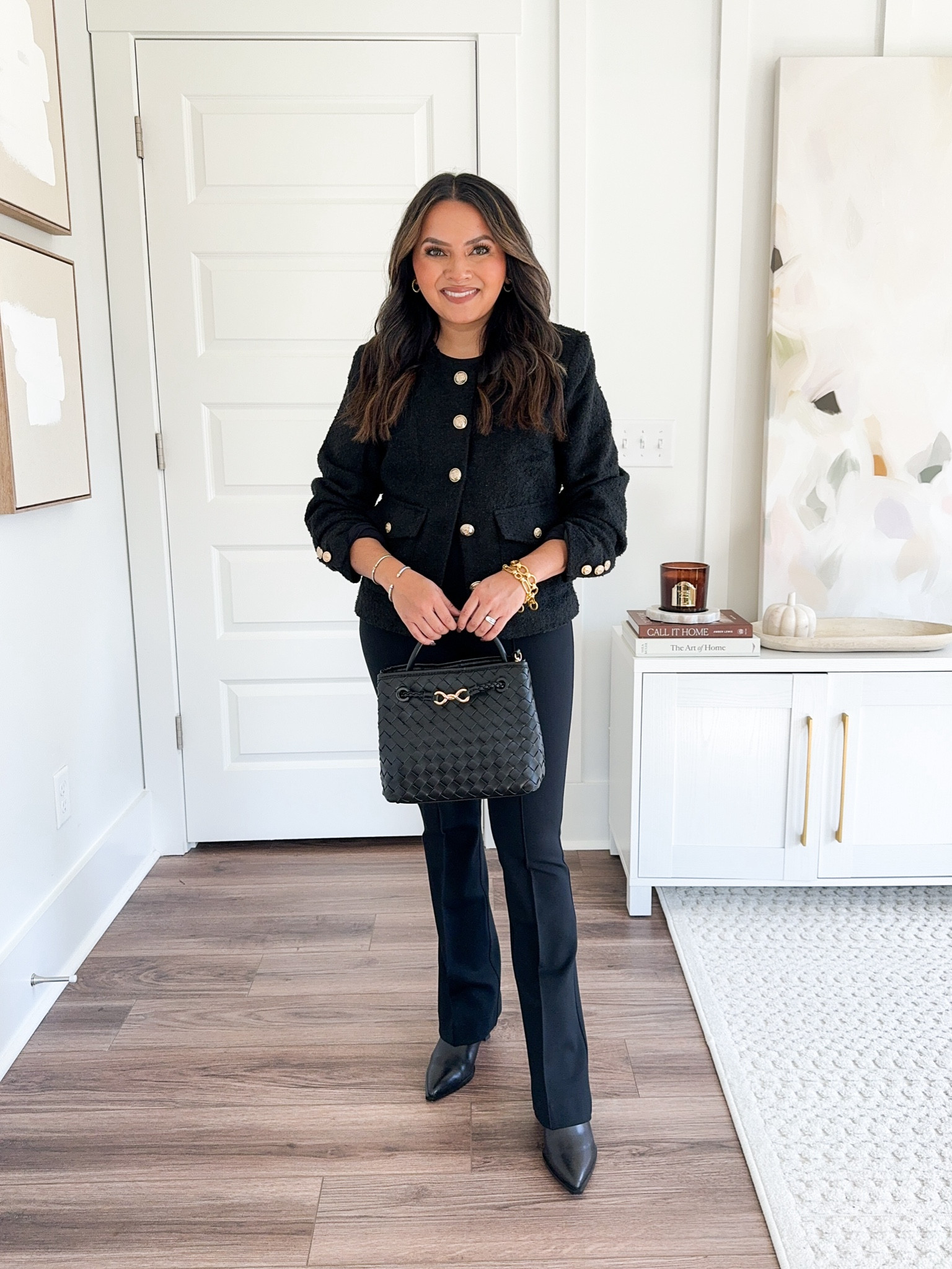 Styling boots with workwear!
Black tweed jacket size xs TTS
Black bodysuit size xs TTS
Black pants size petite TTS (usually size 2/26 petite in pants)  - 15% off and free shipping with code HONEYSWEETSPANX
Black boots size 6 - usually size 5.5 but these start in a 6 and fit perfectly

Workwear 
Work outfit
Office outfit
Fall outfit 
Fall style
Fall dress 
Fall fashion 
Thanksgiving outfit 
Christmas outfit 
Holidays 

Honey Sweet Petite 
Honeysweetpetite 


#LTKWorkwear #LTKStyleTip #LTKSaleAlert