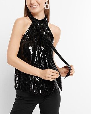 Sequin Tie Neck Halter Sleeveless Top | Express