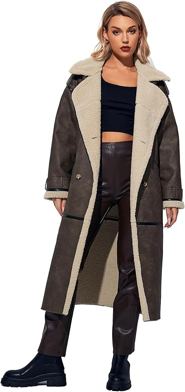 SUGAR POISON Women Suede Coat Open Front Long Double-breasted Coat Fleece lined Jacket Overcoat O... | Amazon (US)