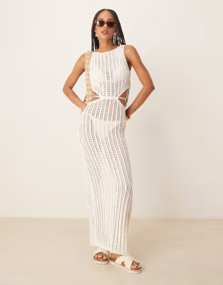 Abercrombie & Fitch textured slash neck cutout waist maxi dress in cream | ASOS (Global)