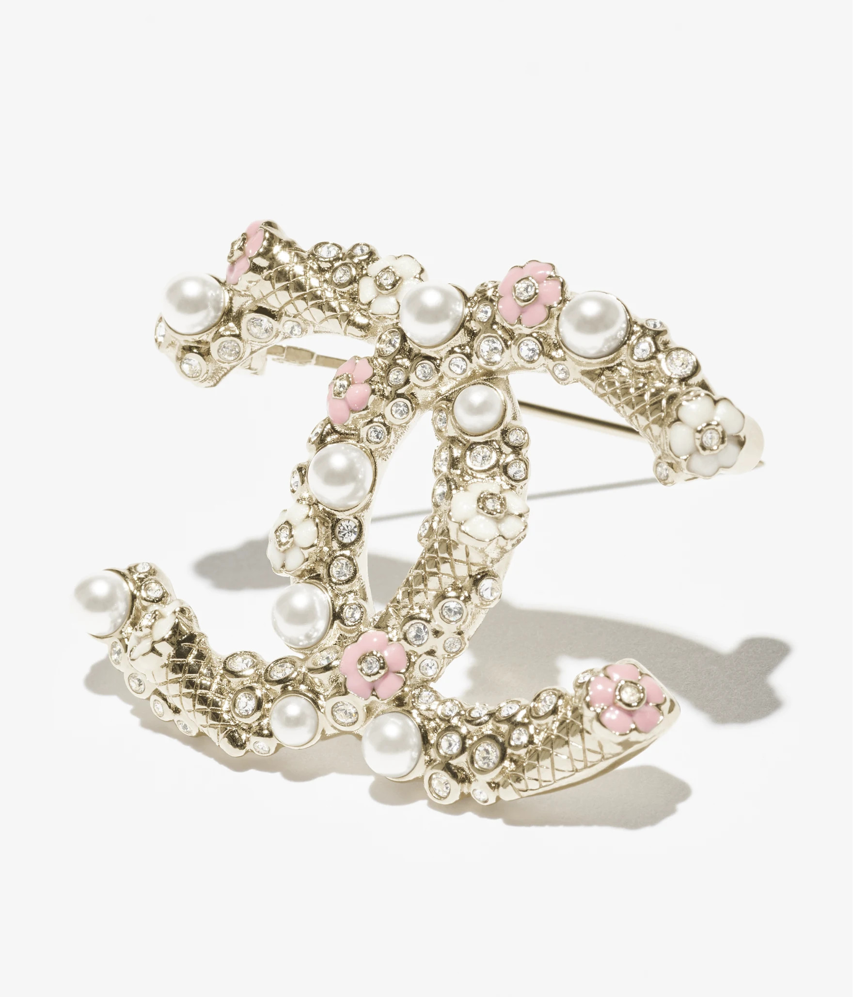 Brooch - Metal, resin, glass pearls & strass, gold, pink, pearly white & crystal — Fashion | CH... | Chanel, Inc. (US)
