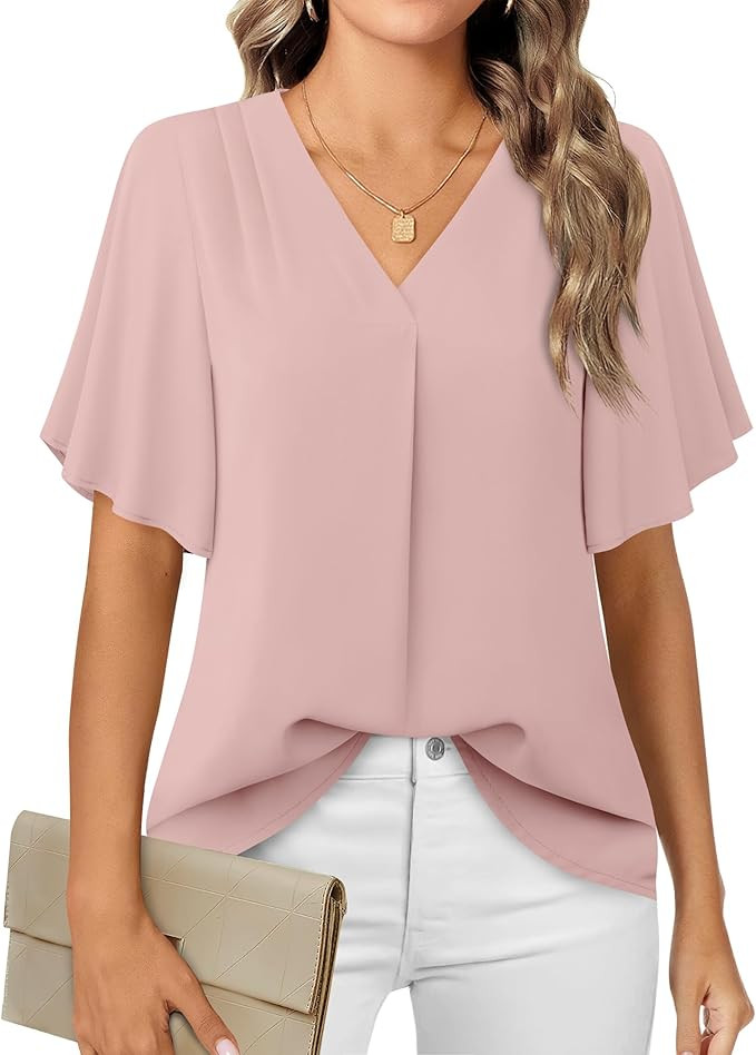 Timeson Women's V Neck Chiffon Blouse Ruffle Sleeve Ladies Work Shirts | Amazon (US)