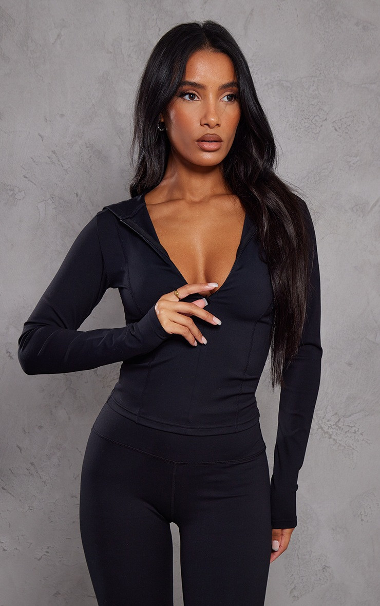 Black Sculpt Luxe Long Sleeve Hooded Gym Jacket | PrettyLittleThing UK