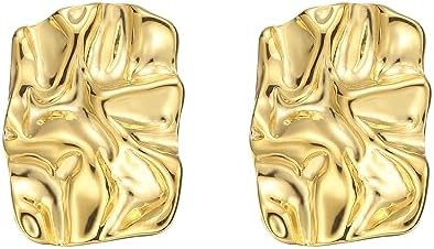 Geometric Rectangle Gold Plated Stud Earrings Irregular Hammered Chunky Statement Square Earrings... | Amazon (US)