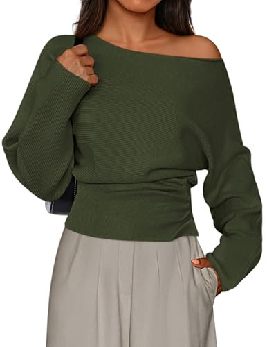 PRETTYGARDEN Women Off The Shoulder Sweater 2026 Fall Trendy Long Batwing Sleeve Knit Pullover Going Out Tops Winter Clothing (Army Green,Large) | Amazon (US)