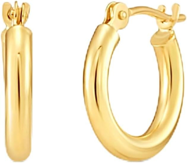 10K Yellow Gold Classic Shiny Polished Hoop Earrings Plain Round Gold Hoops | Amazon (US)