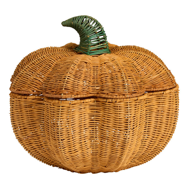 Orange and Green Rattan Pumpkin Shaped Basket with Lid | World Market
