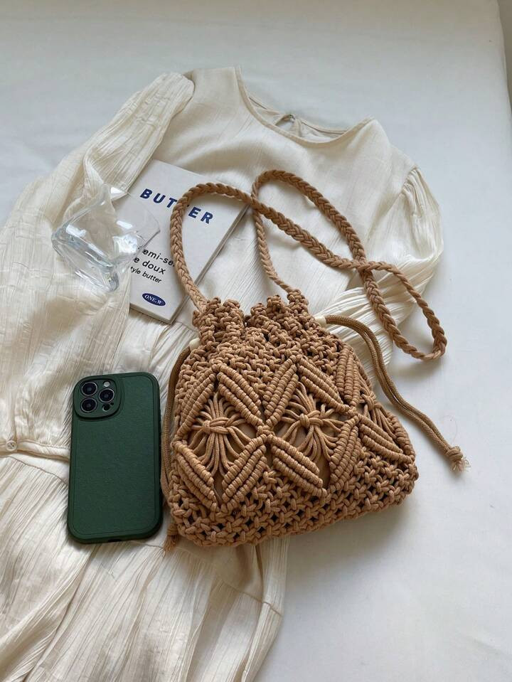 Handwoven Small Crossbody Bag For Women, New Woven Messenger Bag, Niche Beach Casual Shoulder Bag, Mini Square Envelope Bag, Crossbody Bag, Suitable For Beach Resort | SHEIN