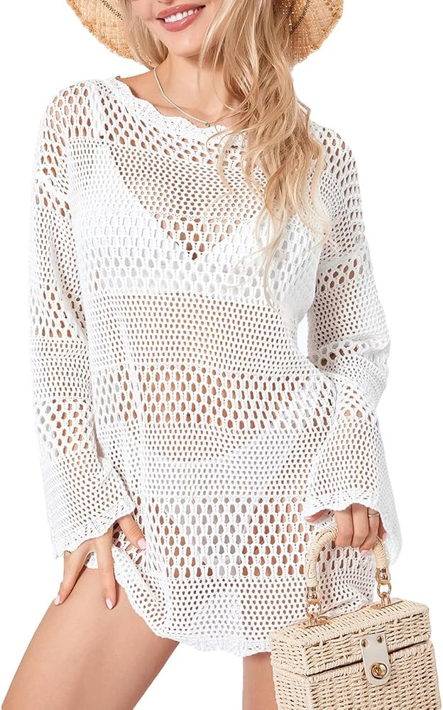 Women Crochet Knit Mini Dress Long Sleeve Colorful Mesh Cover Ups Casual Sweater Dress Summer Bea... | Amazon (US)